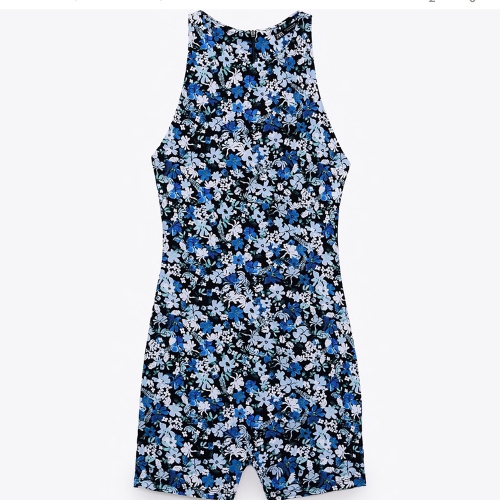 Zara NWT floral print blue black fitted bodycon romper